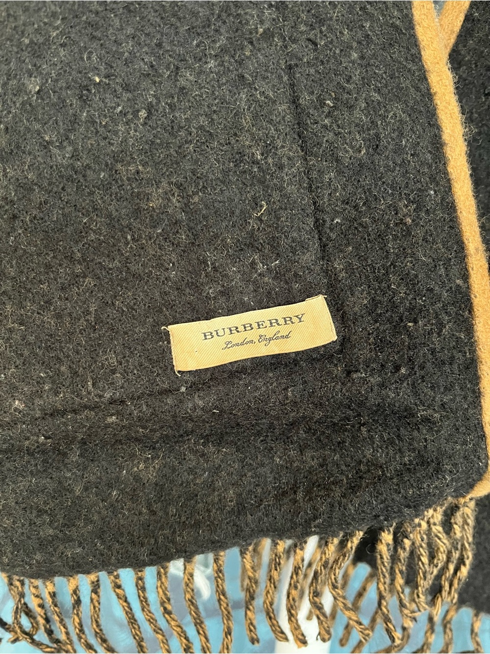 Burberry Wool Cashmere Camel and Black Hooded Logo Shawl - Picture 3 of 4